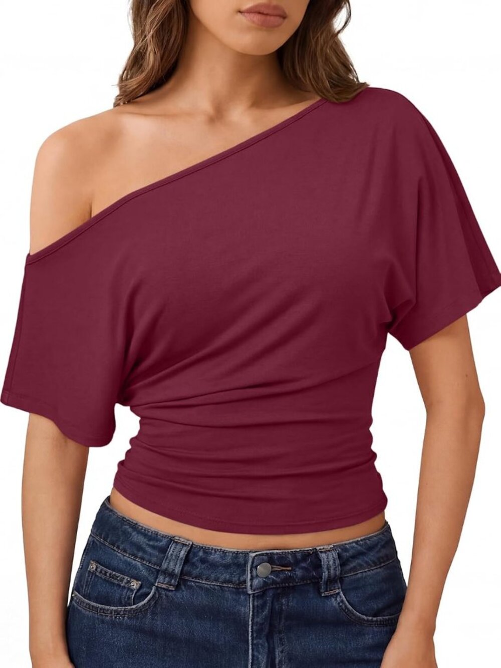 Women's Wine Red Rayon Blend Short Sleeve One Shoulder Neck Henley Shirts